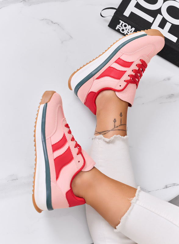 BIELLA - Baskets roses en tissu avec détails rouges et semelle en caoutchouc