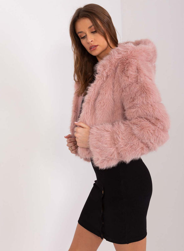 Veste courte en simili cuir avec capuche en fausse fourrure longue rose