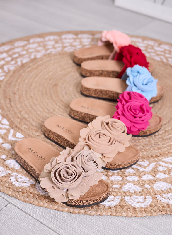 SUMMER - Red slide sandals with applied flowers