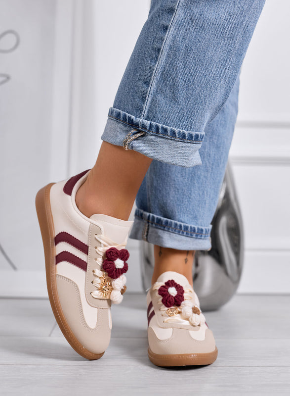 MELISSA - Baskets beige et bordeaux avec fleurs crochet