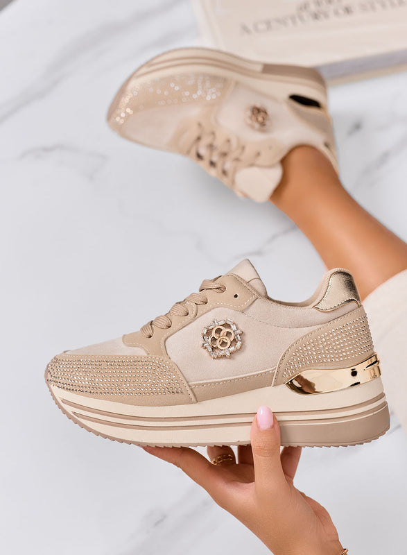 XIOMARA - Beige platform sneakers with gold inserts and rhinestones