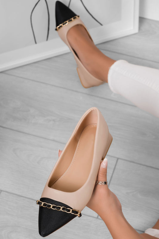 BEATRICE - Ballerines pointues beige avec chaîne