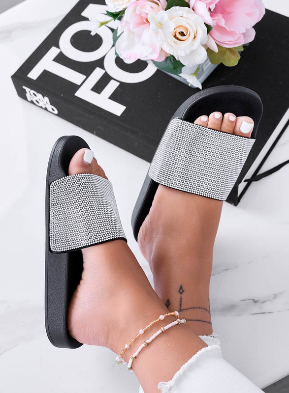 BECKY - Sandales babouches noires avec bande strass