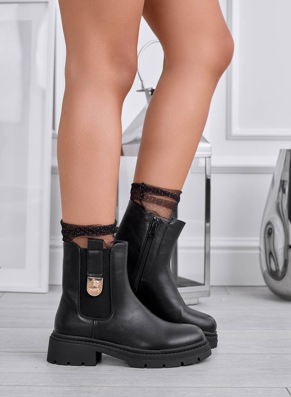 EMILIANA - Bottines noires avec ressort latéral et application dorée