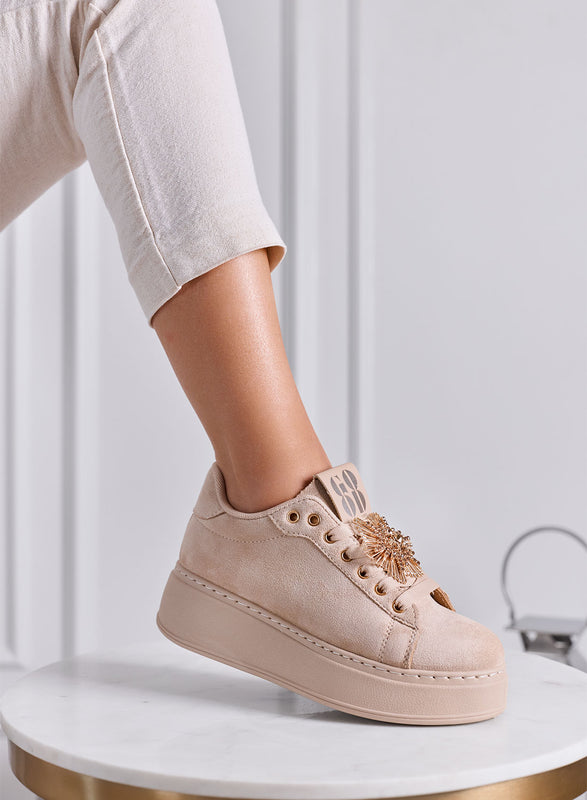 GRACE - Sneakers Donna Beige con Applicazione Gioiello e Suola Platform