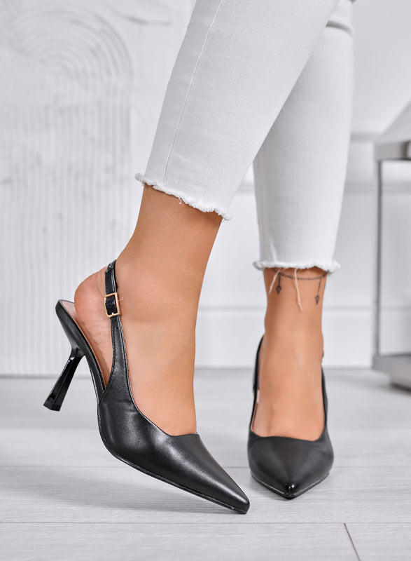 DORIE - Escarpins noirs slingback à bout pointu avec talon aiguille 10 cm