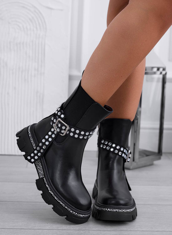 DANILA - Bottines biker noires à boucle et strass argentés