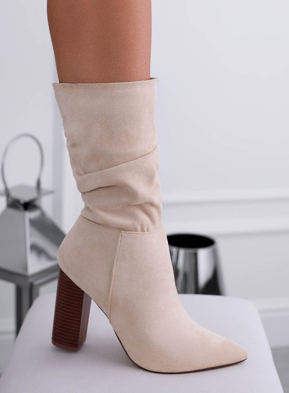 NALA - Bottines en daim beige à talon effet bois