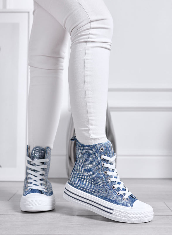 ROSALIA - Zapatillas Altas Azul Vaquero con Strass y Suela Plataforma