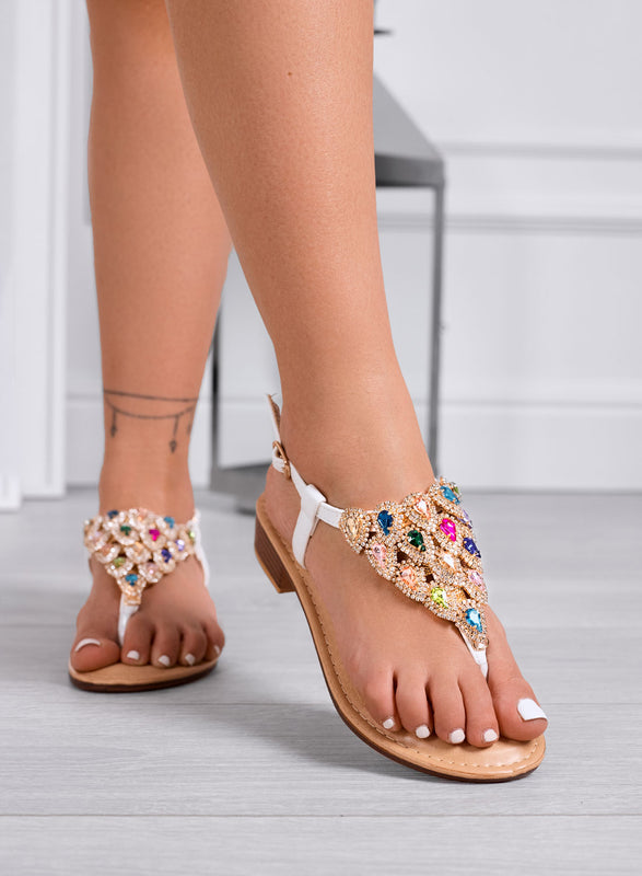 DREAMS - Low white sandals with multicolor stones and T-strap design
