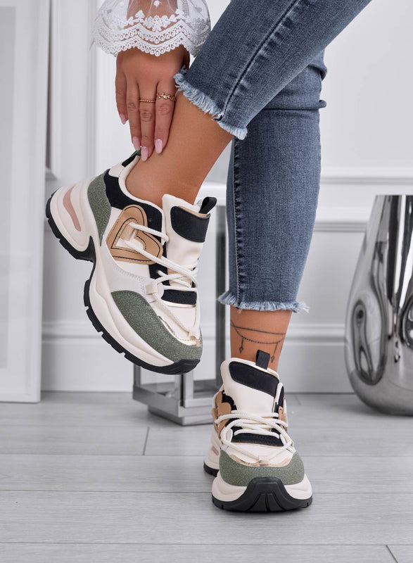 NARA - Beige sneakers with wedge and mud-colored heart