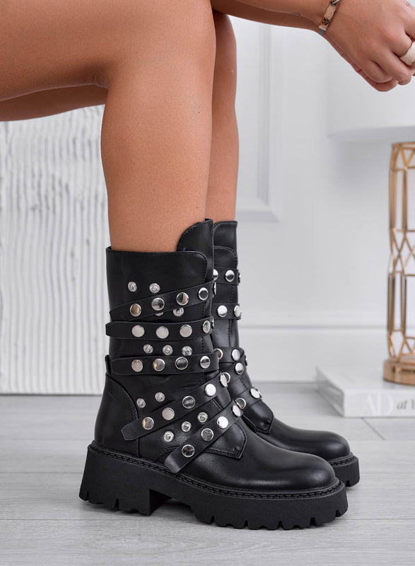 ISADORA - Bottines biker noires à studs sphères argentées