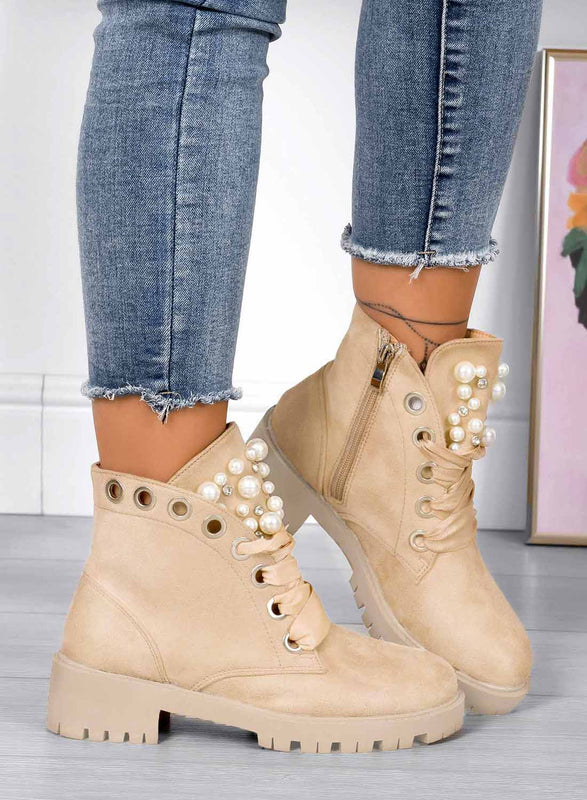 LEANNA - Bottes Alexoo basses beiges avec perles et pierres