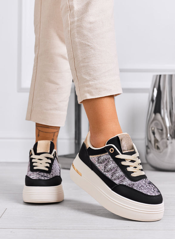 PRAGA - Sneakers nere platform con inserti in tessuto a fantasia