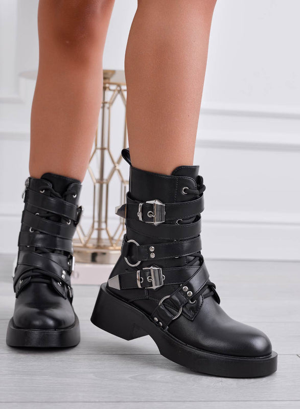 JENNA - Bottines noires style biker avec boucles