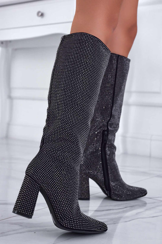 RAYLEE - Bottes bijoux noires avec strass et talon confortable