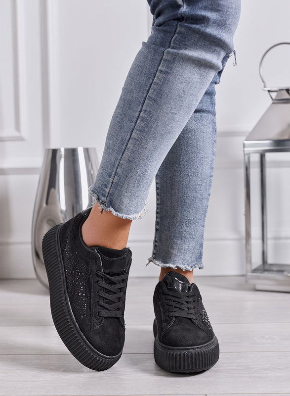 LIBERA - Sneakers Donna Nere con Strass e Suola Platform Alta