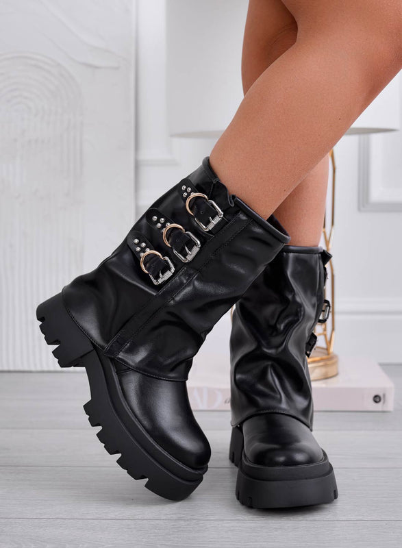 ASHLEY - Bottines noires avec revers et boucles