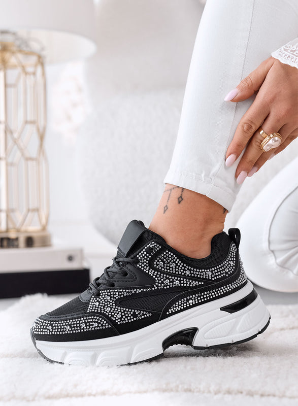 MARTINA - Zapatillas negras con strass plateados y suela plataforma chunky