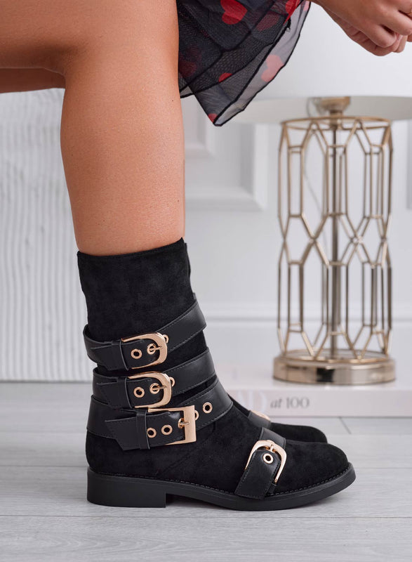 SABINA - Bottines en daim noir avec boucles dorées