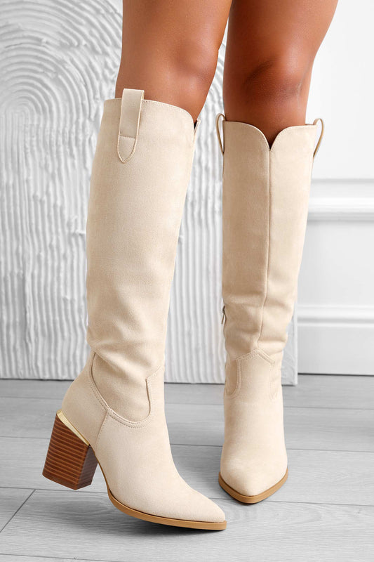 CORDELIA - Bottines en daim beige à talon imitation bois