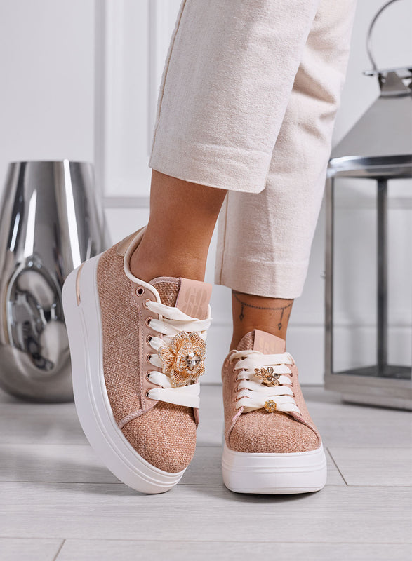 JANIS - Sneakers Donna rosa con Fiore Gioiello e Suola Platform