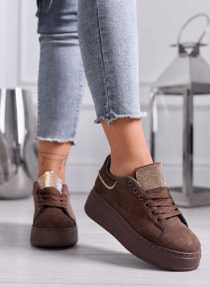 TOSCA - Sneakers Marroni in Camoscio con Linguetta in Strass oro