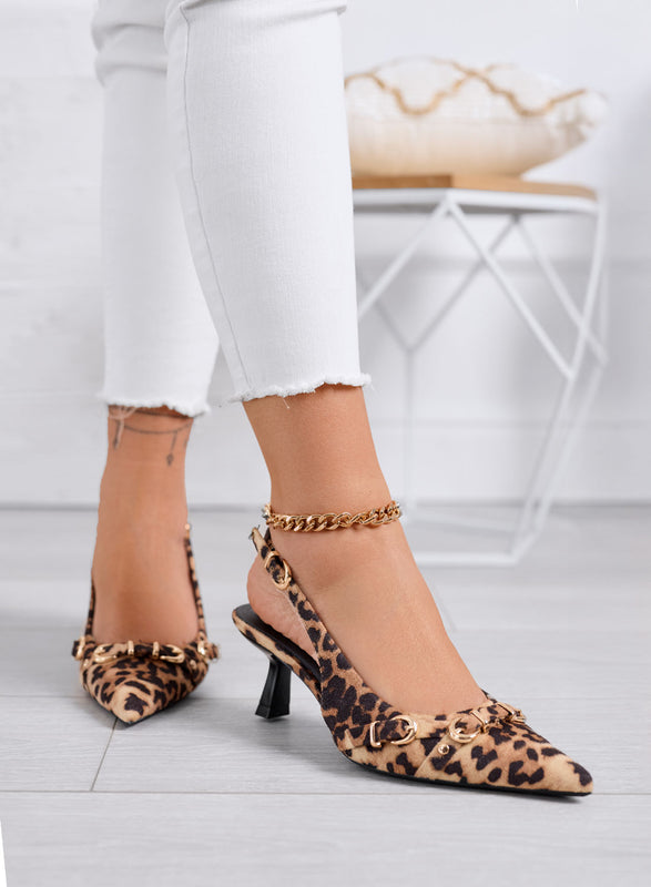 Escarpins slingback à motif léopard avec talon bas et chaîne dorée