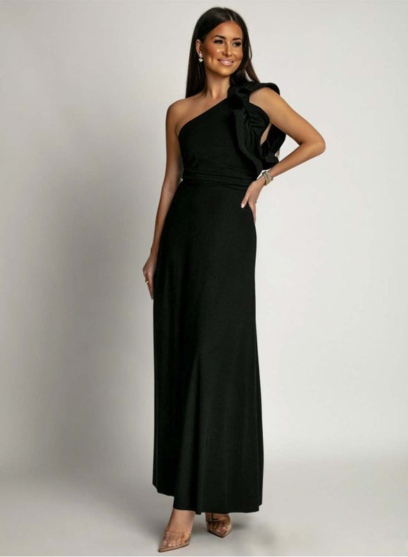 Robe longue noire asymétrique à une épaule