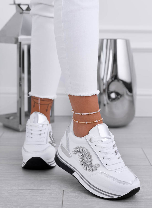 White sneakers with silver jewel embellishment