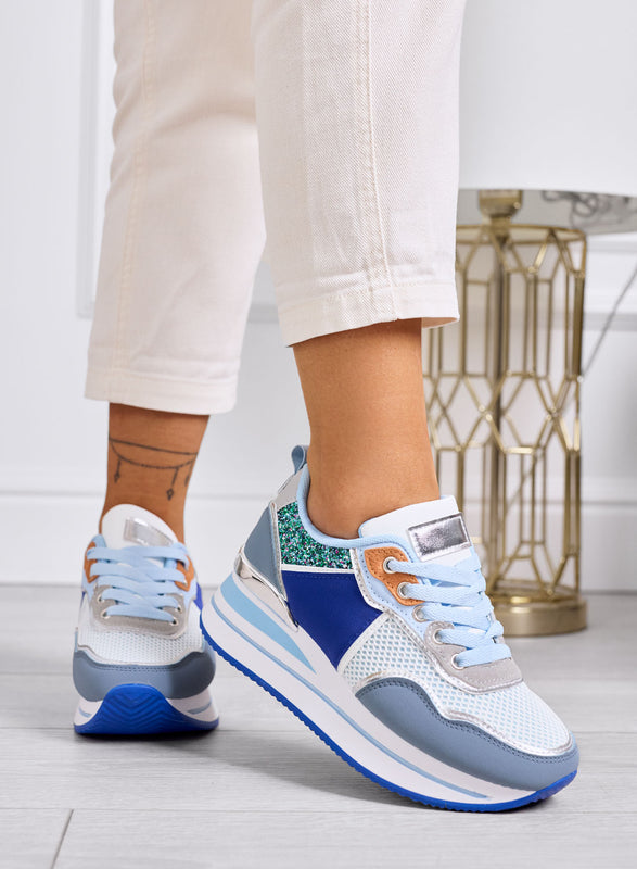 VALDA - Baskets bleues à semelle épaisse et inserts pailletés