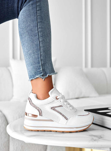 XENA - Sneakers blanches avec inserts en paillettes et semelle compensée