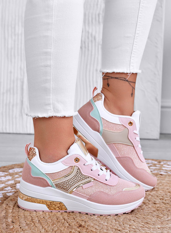 Pink wedge sneakers with gold inserts