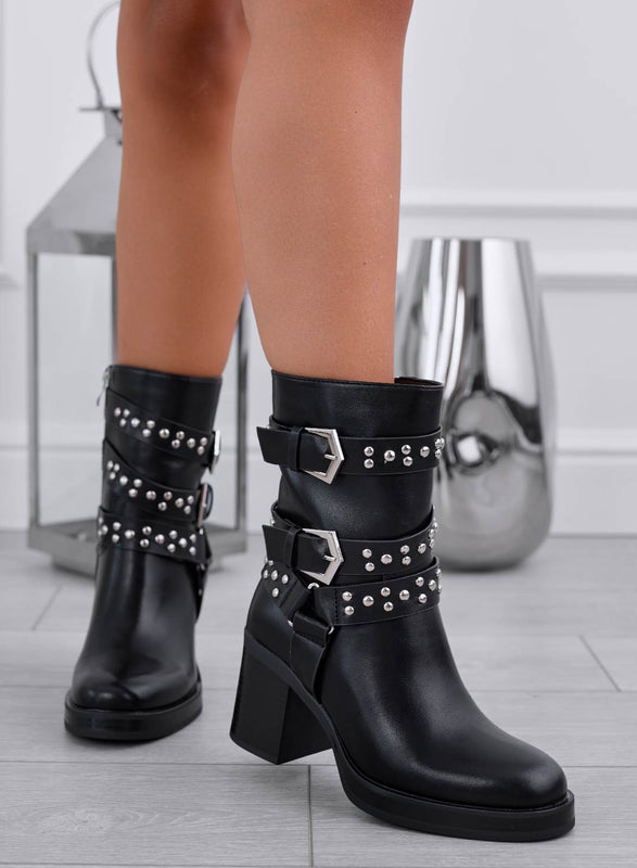 DOREEN - Bottines biker noires à boucles et clous argentés