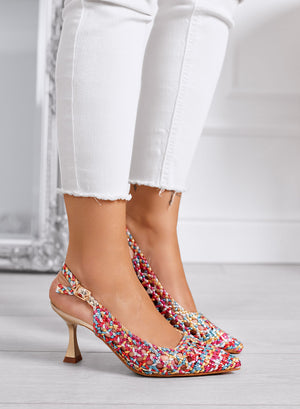 MAURA - Décolleté multicolor slingback in rafia intrecciata con tacco medio
