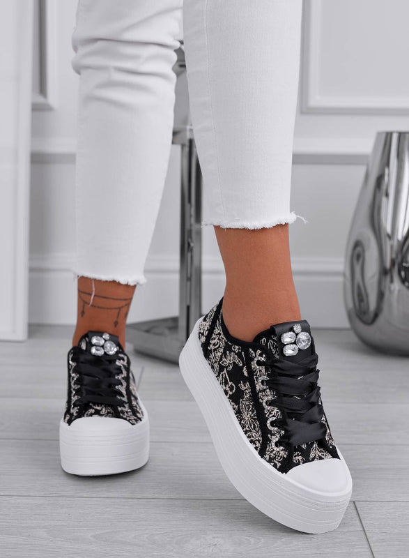 INGRID - Baskets noires à motifs avec strass et semelle haute