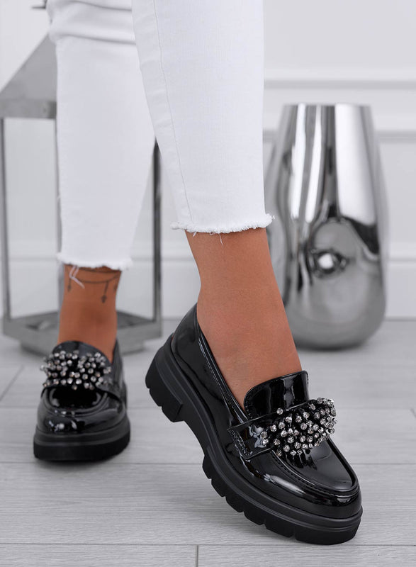 AXIDIE - Chaussons en cuir verni noir avec strass