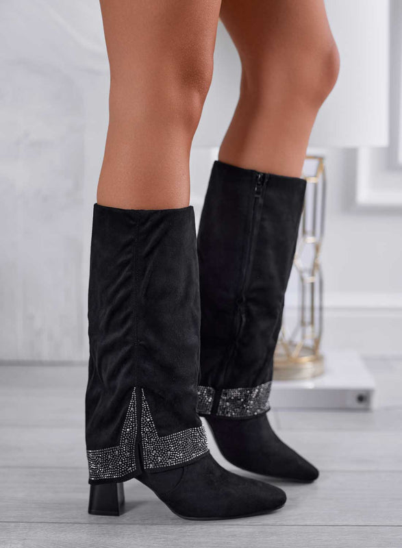 MELINA - Bottes noires en daim avec revers et bordure en strass