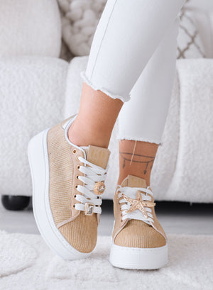 LINDA - Sneakers beige con Applicazioni Gioiello oro e Suola Platform