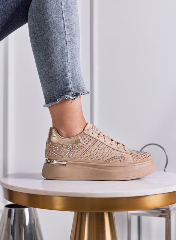 ORNELLA - Sneakers Donna Beige con Strass e Suola Platform