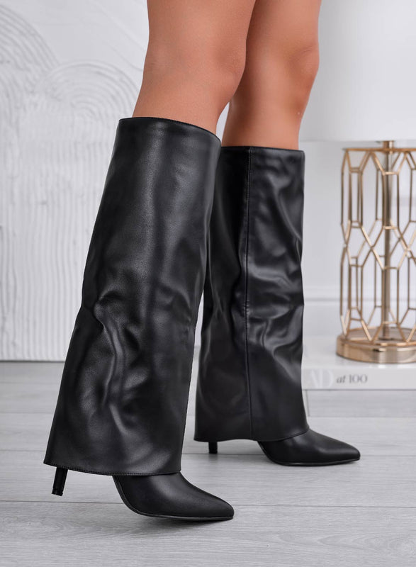 TONYA - Bottes noires Alexoo avec revers et talon aiguille