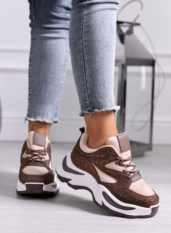 LOREEN - Sneakers Marroni con Strass e Suola chunky