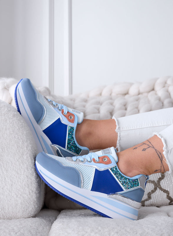 VALDA - Blue sneakers with thick sole and glitter inserts
