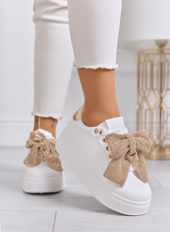 BELGA - Baskets blanches avec noeud strass doré