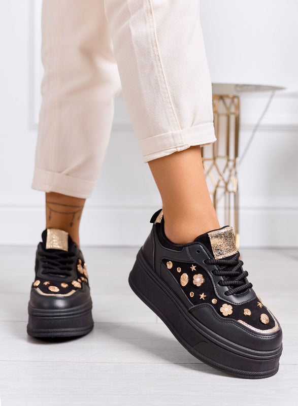 AIDA - Sneakers platform nere con decorazioni oro