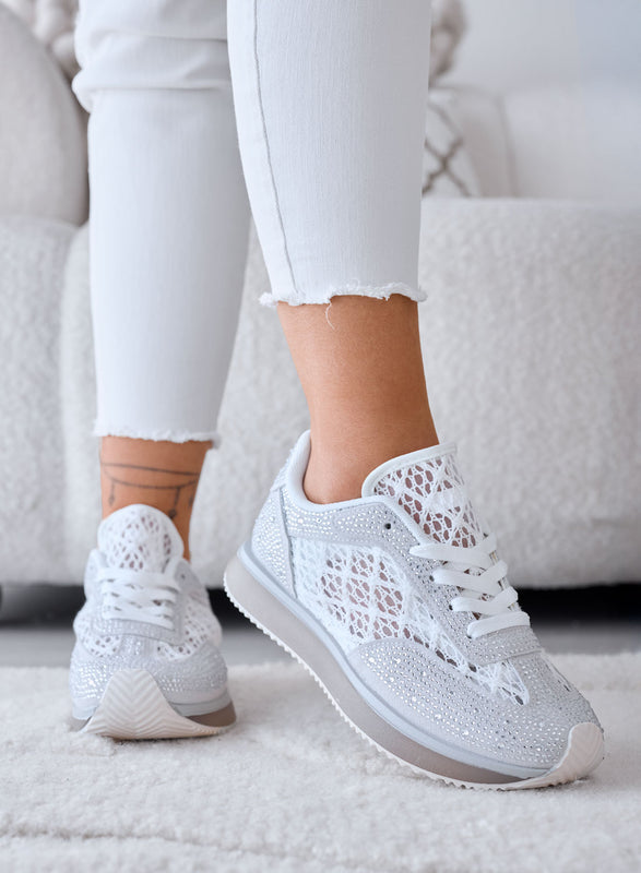 LORENA - Gray sneakers with white lace and sparkling rhinestones