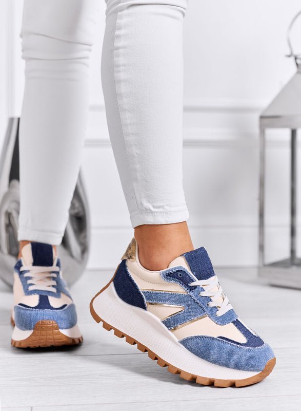 DENISE - Zapatillas azul vaquero con detalles beige y suela alta