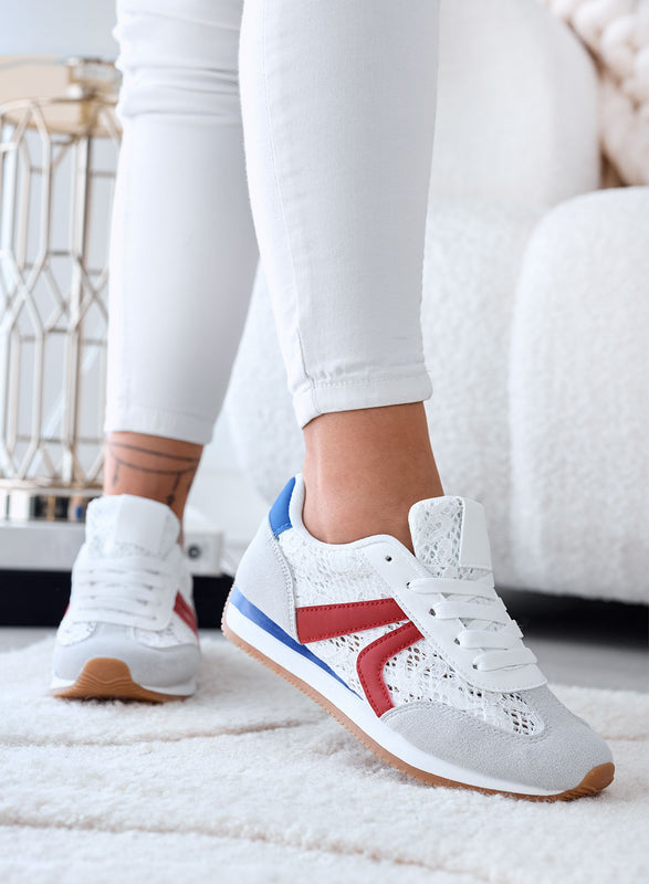 GIULIANA - Zapatillas grises con encaje blanco y detalles rojos