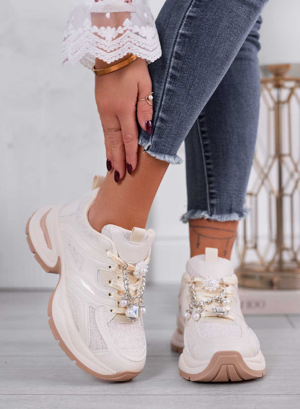 JUSTINE - Beige sneaker with jewel and pearl embellishment