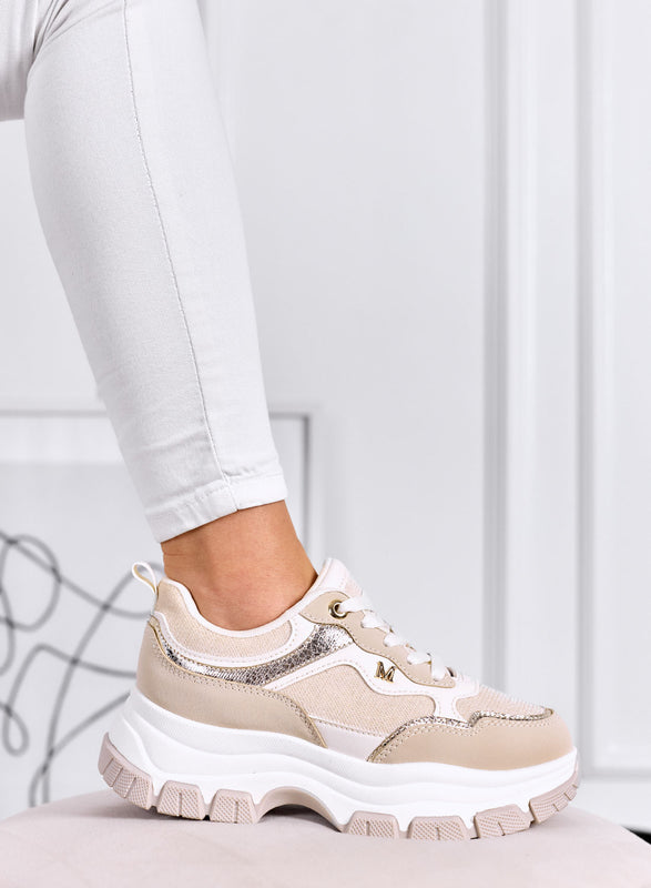 DELIA - Sneakers Beige con Dettagli Oro e Suola Chunky
